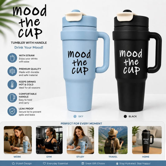 A promotional graphic for a handled tumbler cup with straw, showing two color options: a light blue one labeled SKY and a black one labeled BLACK. The cups have the phrase 'mood the cup' printed on them.