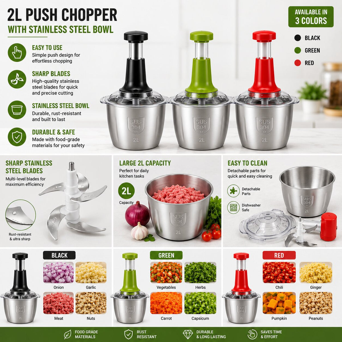 A promotional infographic for a 2L push chopper with stainless steel bowl, showing three color variants (black, green, red) and multiple feature callouts, ingredient examples, and usage benefits on a white background - BiaZaibStore