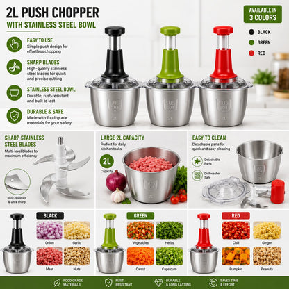A promotional infographic for a 2L push chopper with stainless steel bowl, showing three color variants (black, green, red) and multiple feature callouts, ingredient examples, and usage benefits on a white background - BiaZaibStore