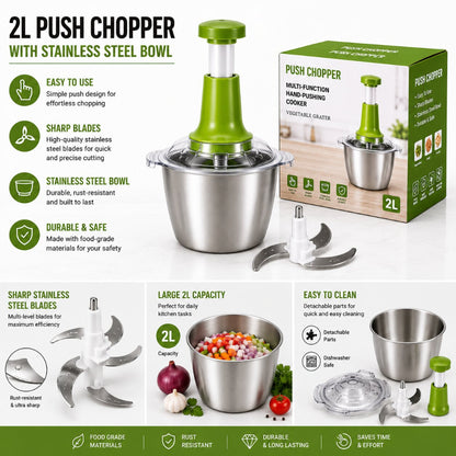 A 2L push chopper with stainless steel bowl and green plastic push assembly, shown alongside its retail box and blade attachments on a white background with feature callout graphics.