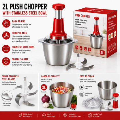 A 2L push chopper vegetable grinder with a stainless steel bowl and red-and-silver handle, shown alongside its retail box and blade attachments on a white background with promotional text callouts.