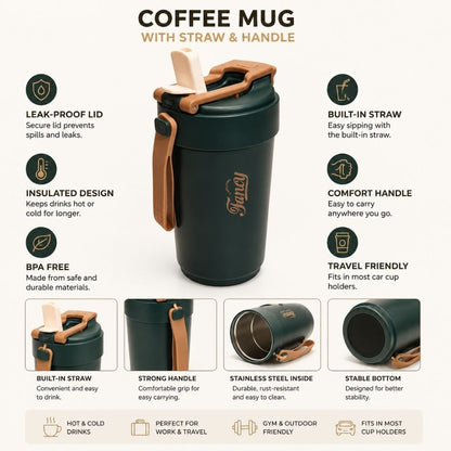 Dark green insulated coffee mug with a brown leather handle and straw, shown on a light beige background with feature callouts and icons.