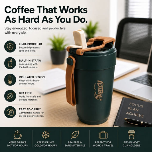 A dark green insulated coffee cup with a bamboo lid and straw, shown on a desk with promotional text and feature callouts. The cup has a gold script logo that reads 'Pura'.