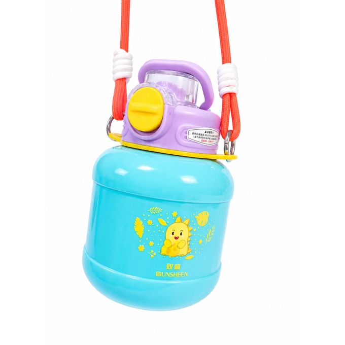 A light blue water bottle with a purple cap, yellow accents, and a red shoulder strap, featuring a cartoon character on the front.
